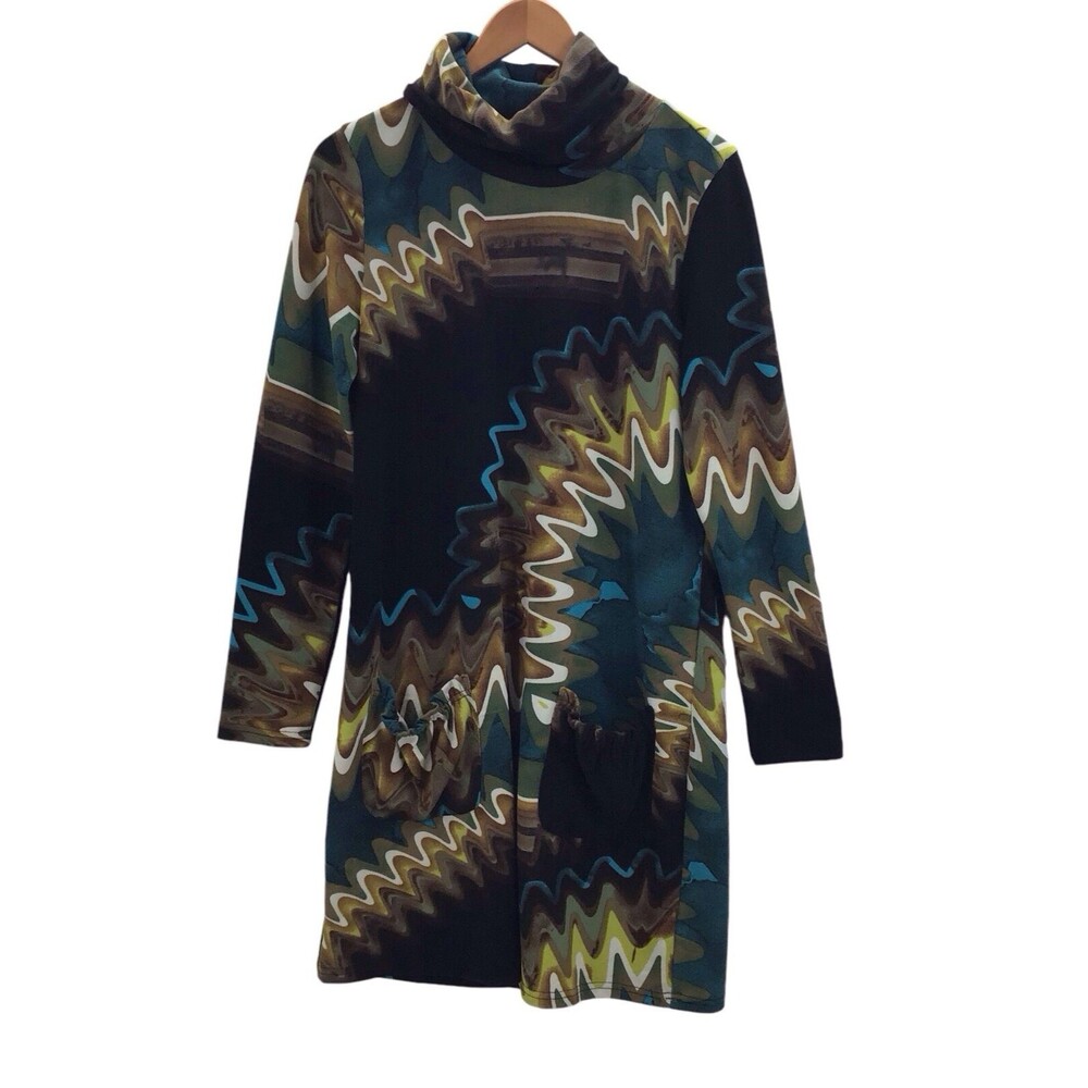 Aryeh Womens Large Abstract Turtleneck Dress Long Sleeve Pockets